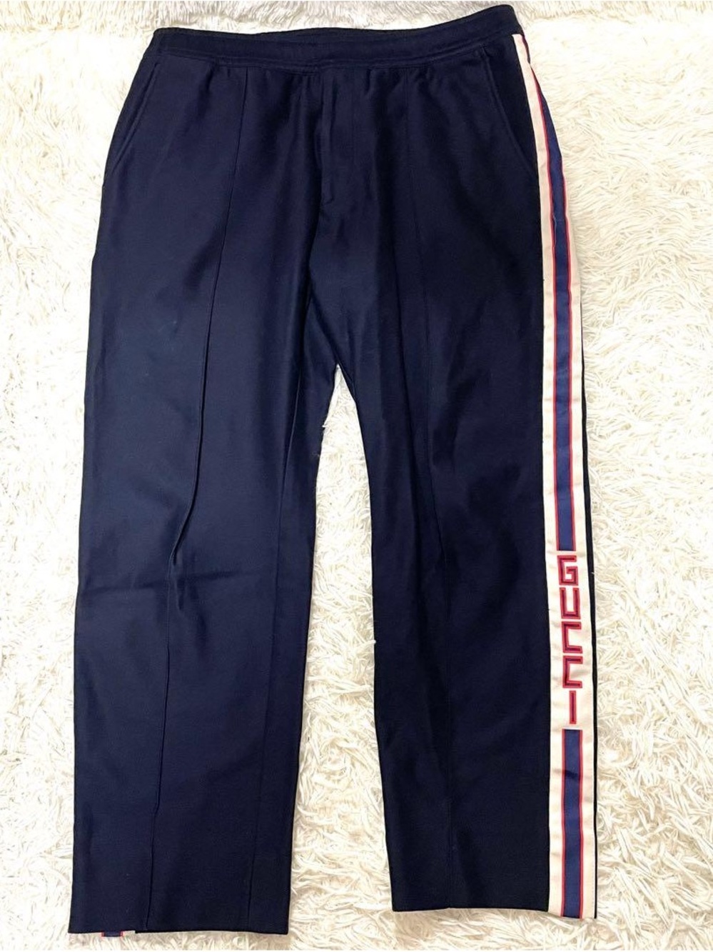 Gucci Navy Track Pants with Red and White Side Stripe